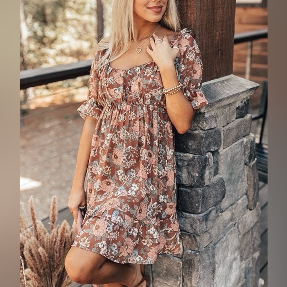 Blu Pepper Floral Babydoll Dress | Size L | Brown